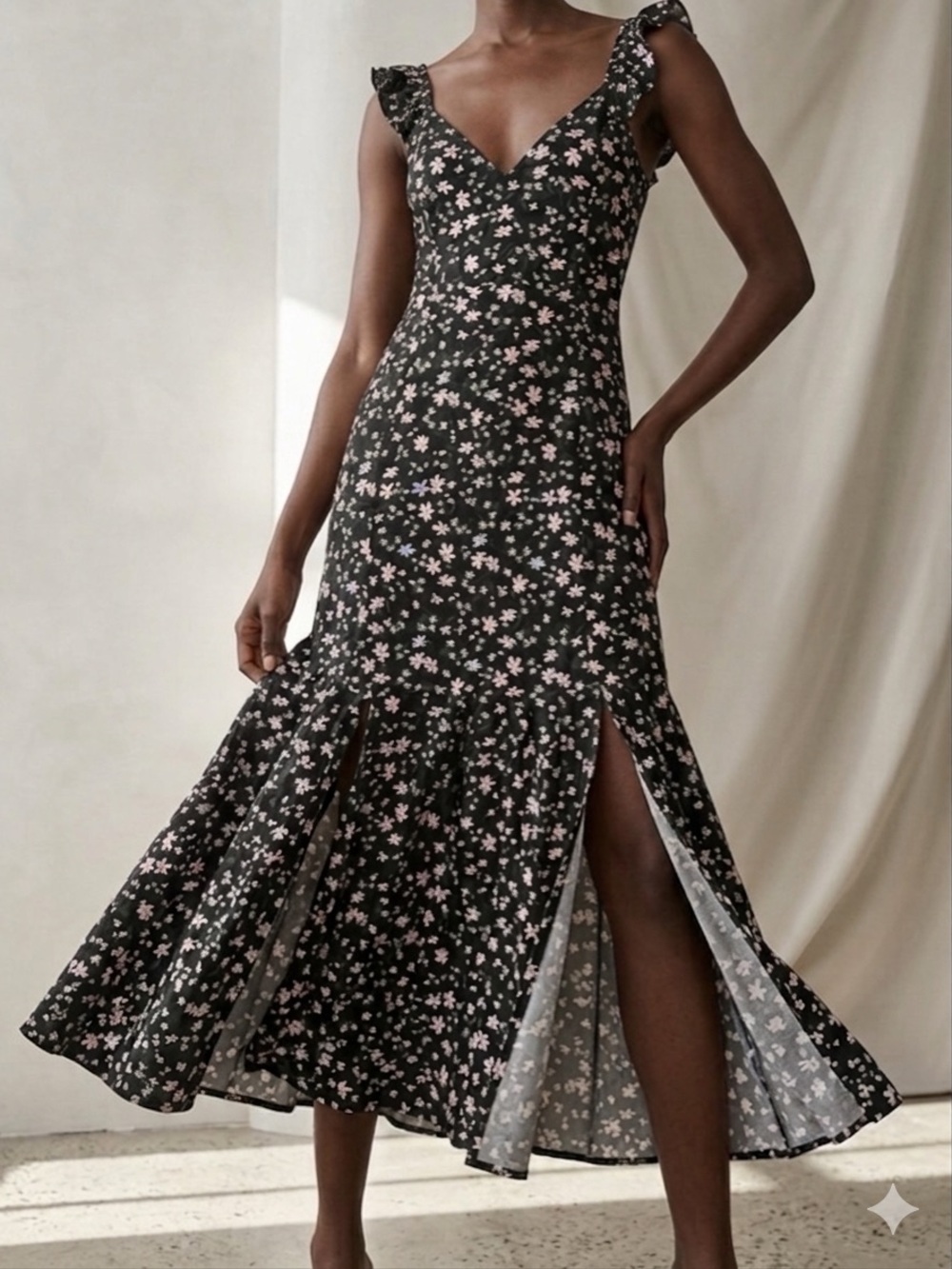 H&M Divided Black Floral V-Neck Midi Dress with Ruffle Straps